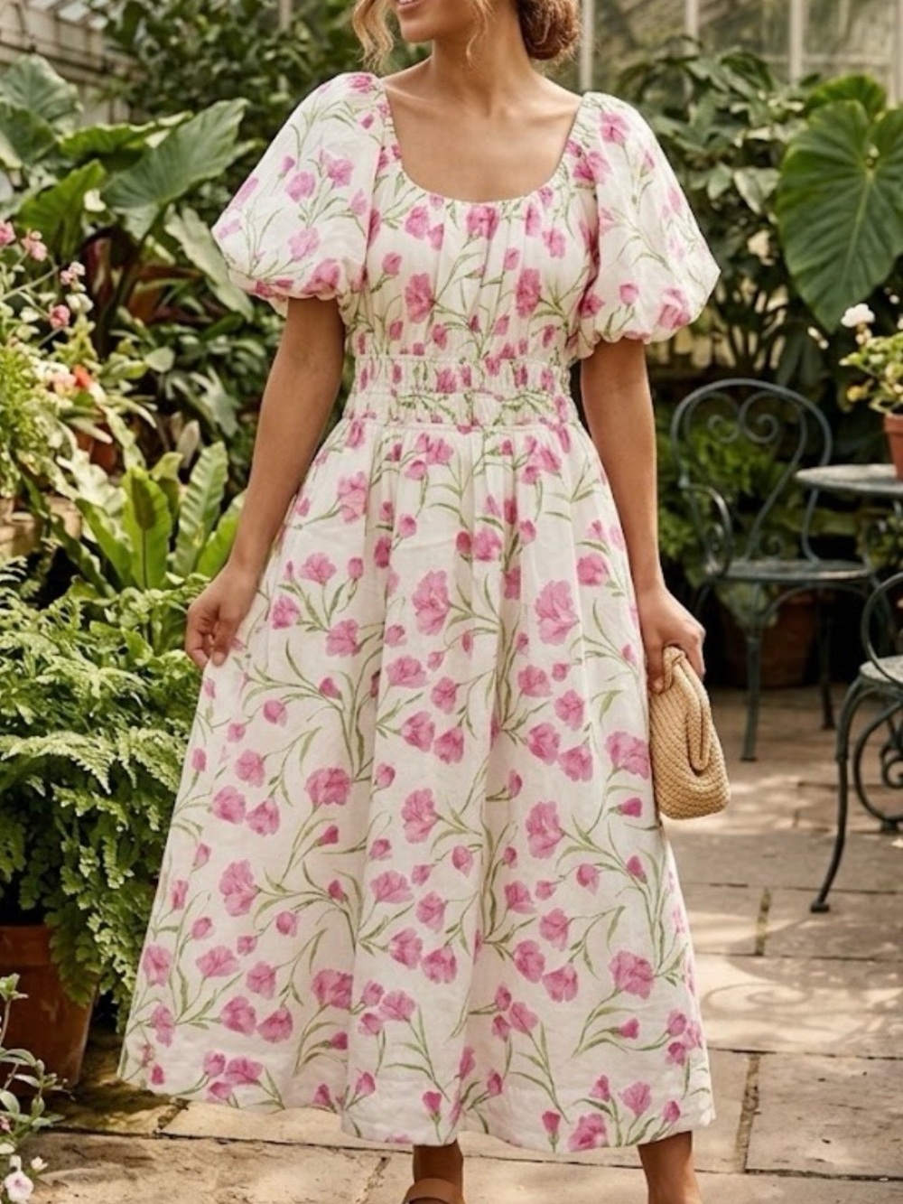 Lea Floral Puff Sleeve Midi Dress Sz M